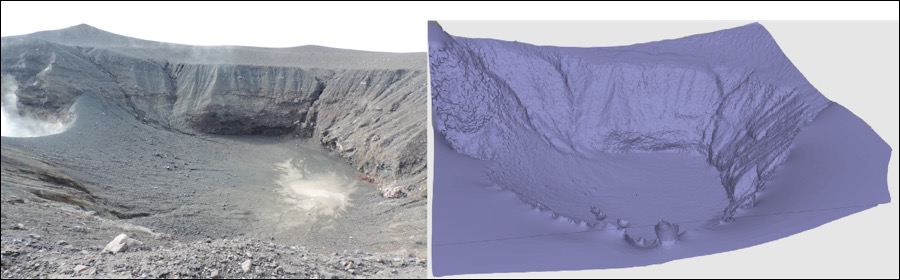 (a) Picture and (b) derived Digital Elevation Model (DEM) of Bongsu crater, the youngest crater of Marapi volcano. Comparing DEMs through time will allow to assess deformation at the volcano, which is one of the objectives of the Lab Volcanoes project. (Source: Laboratory volcanoes team)